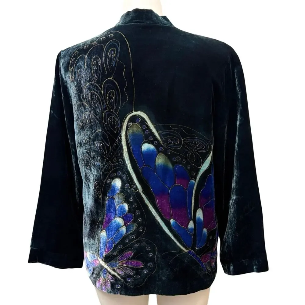 Chicos Green Silk & Velvet Painted Butterfly Kimono Blazer Jacket Size 2 (L/12) - Picture 1 of 12